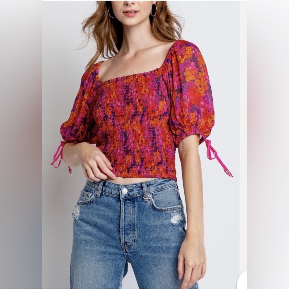 Free‎ People Back On Cropped Top Smocked Floral Print Balloon Sleeve NWT 273095